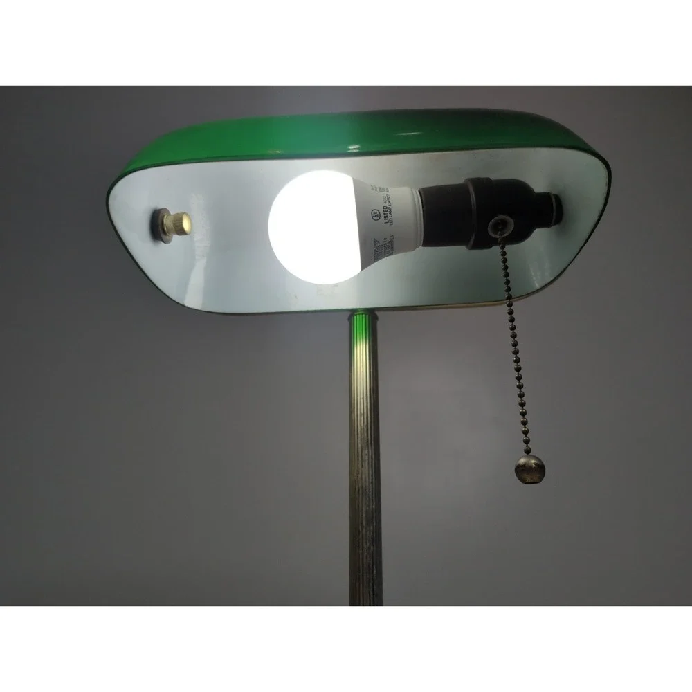 Vintage Brass Bankers Desk Lamp Green Glass Pull Chain